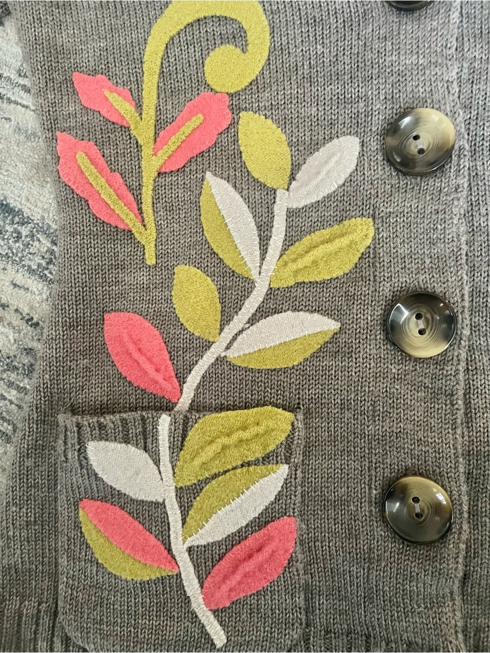 Vintage Anthropologie Charlie & Robin Shawl Collar Sweater with Flowers, Size L - Picture 8 of 11